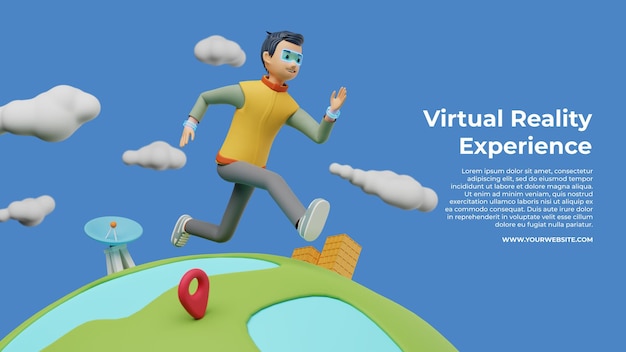 Personaje masculino usando VR corriendo en la ilustración 3d del globo