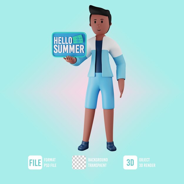 Personaje masculino de verano 3d con hola ilustración de verano