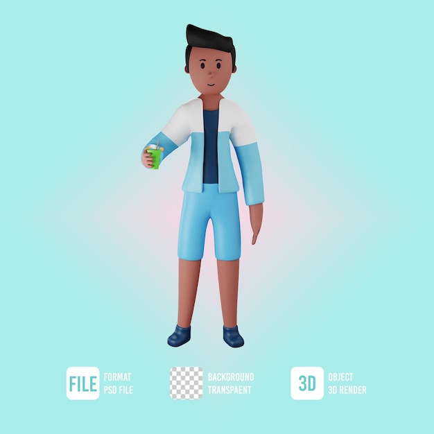 PSD personaje masculino de verano 3d con ilustración de vaso para beber