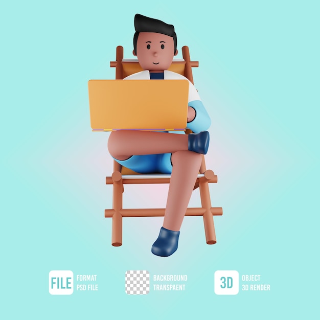 PSD personaje masculino de verano 3d sentado en una silla con computadora portátil