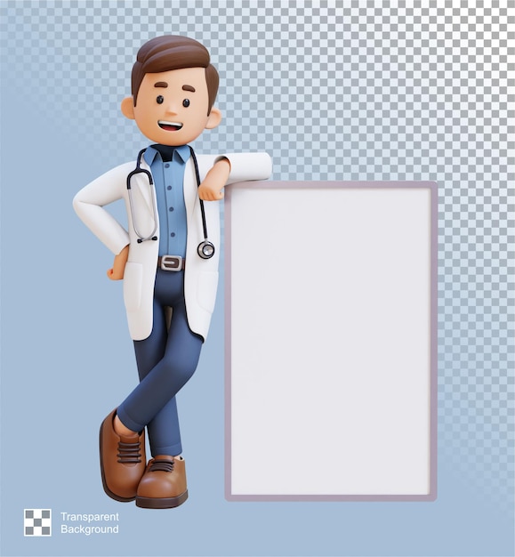 Personaje de médico en 3D acostado en una placa en blanco adecuado para contenido médico