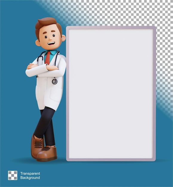 Personaje de médico en 3D acostado en una placa en blanco en postura de brazos cruzados adecuado para contenido médico