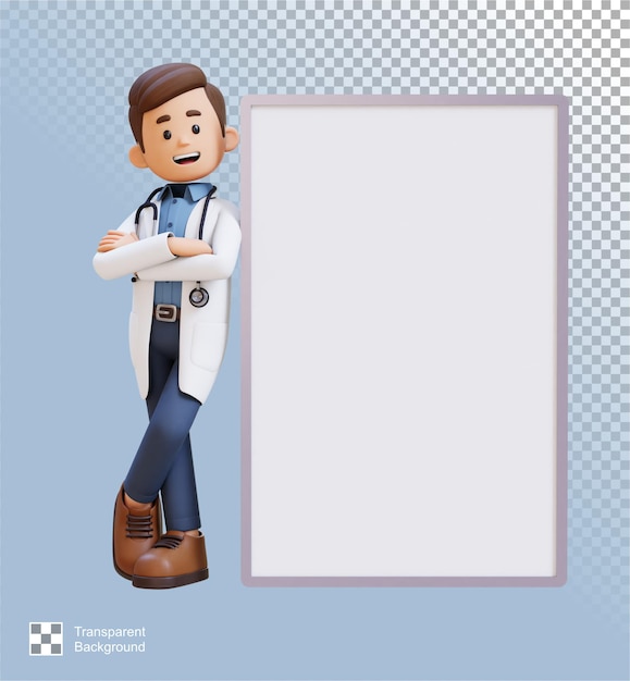 Personaje de médico en 3D acostado en una placa en blanco en postura de brazos cruzados adecuado para contenido médico