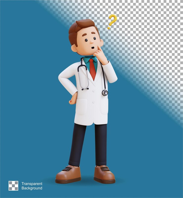 PSD personaje de médico en 3d confundido y pensando en una postura adecuada para contenido médico