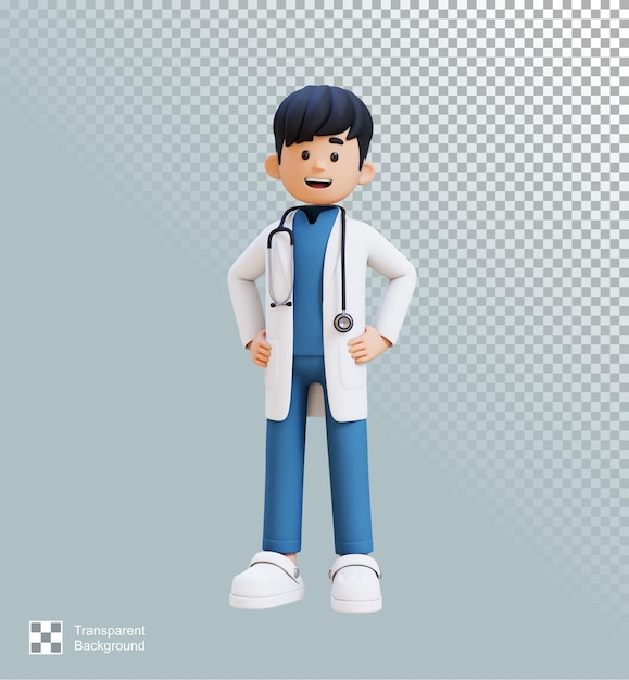 Personaje de médico en 3D de pie con la mano en la cadera adecuado para contenido médico