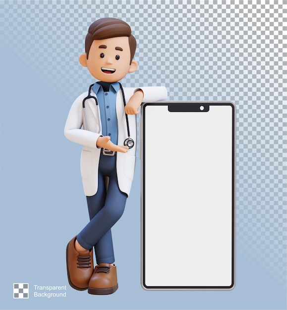 PSD personaje de médico en 3d que se presenta y miente en una gran pantalla de teléfono vacía adecuada para contenido médico