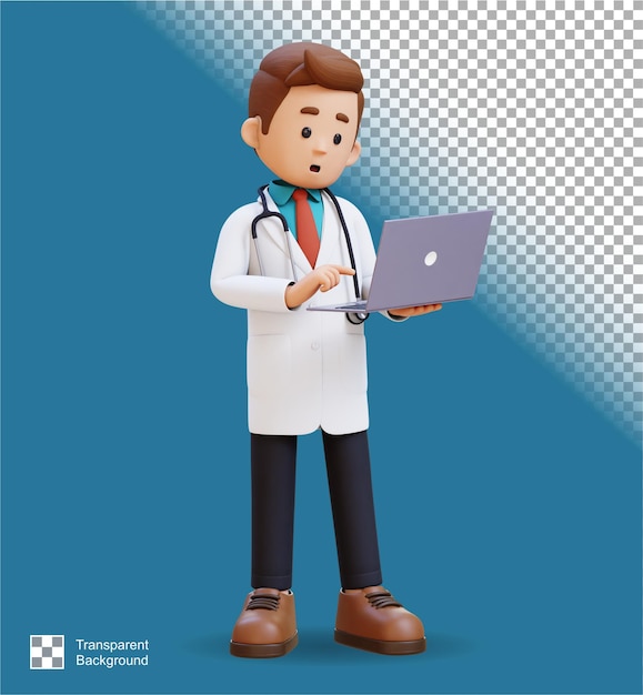 PSD personaje de médico en 3d trabajando en una computadora portátil adecuada para contenido médico