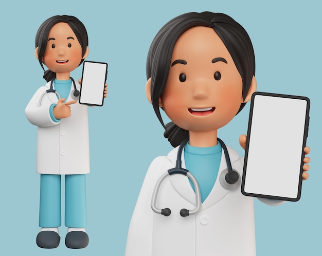personaje médico femenino que muestra teléfono celular gráfico 3D