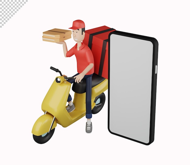 Personaje de mensajería 3d entregando paquetes en scooter al lado de la pantalla del teléfono móvil