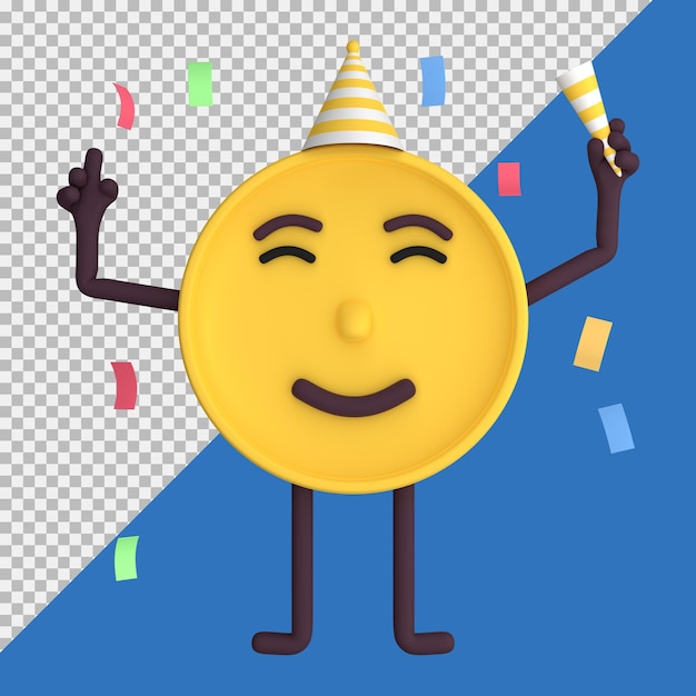 PSD personaje de moneda 3d celebrando con gorro de fiesta y confeti