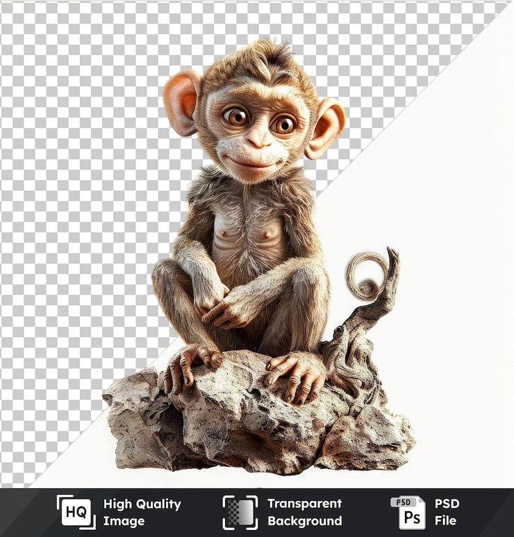 PSD personaje de mono psd 3d de alta calidad con ojos marrones, orejas pequeñas, cola rizada, mano visible.