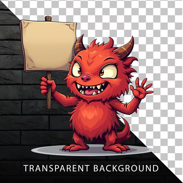 PSD personaje de monstruo rojo de dibujos animados sosteniendo un letrero en blanco sobre un fondo transparente