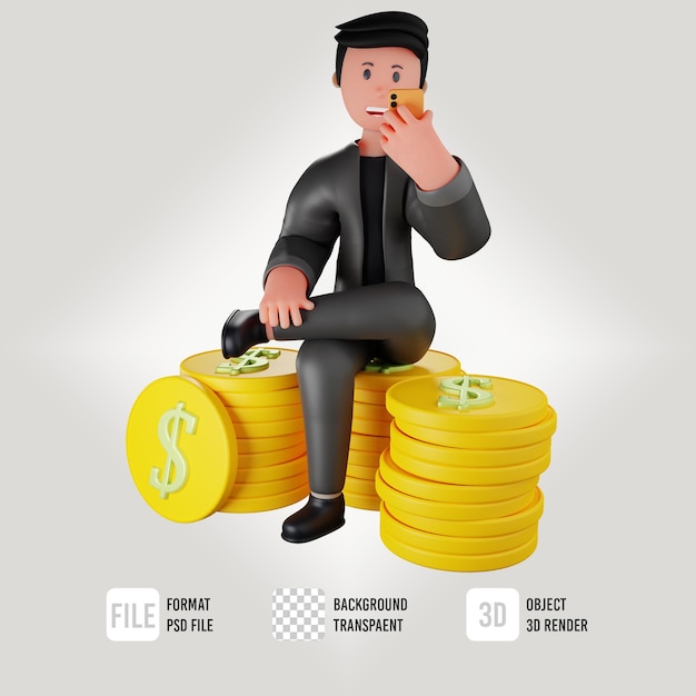 Personaje de negocios masculino 3d sentado sosteniendo un teléfono de mano con un icono de dinero