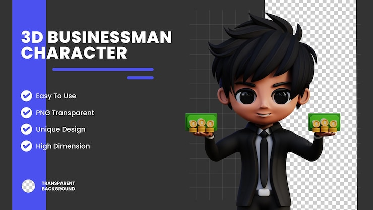 PSD personaje de negocios renderizado en 3d trae dinero en efectivo y monedas