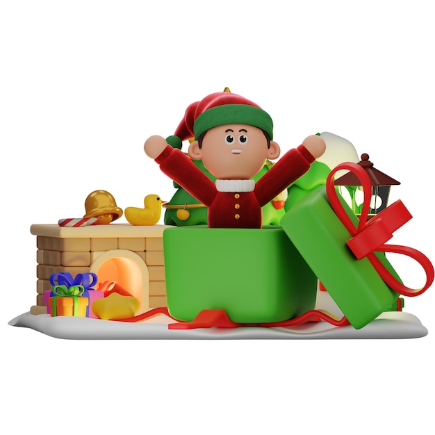 Personaje de niño en 3d navidad fuera de la pose del regalo