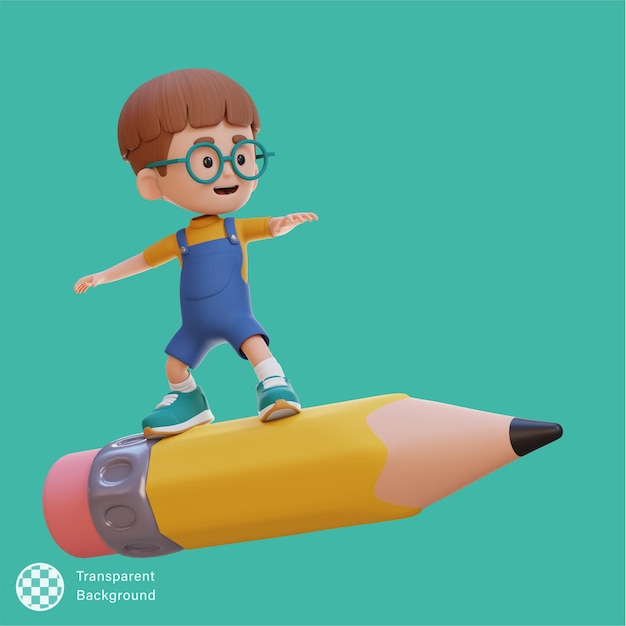 Personaje de niño en 3D de pie montando un lápiz