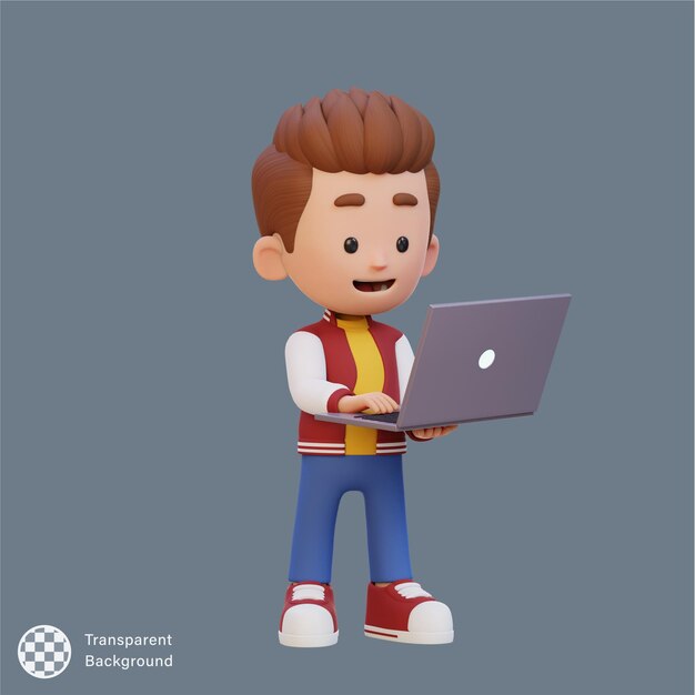 PSD personaje de niño 3d trabajando en una computadora portátil