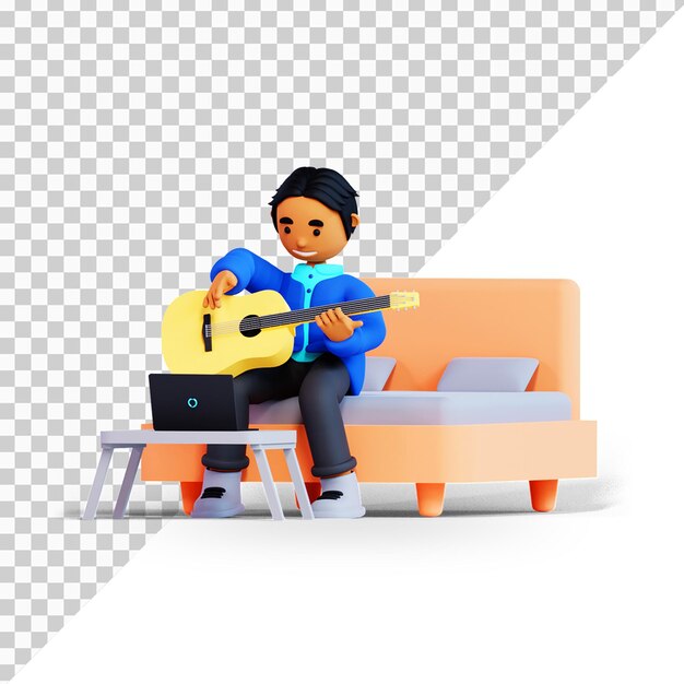 Personaje de niño de dibujos animados 3d tocando la guitarra