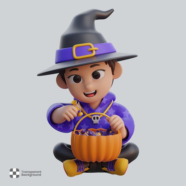 Personaje de niño disfrazado de mago con cesta de dulces celebración de fiesta de halloween ilustración 3d