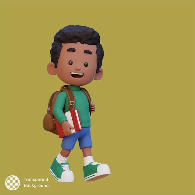 Un personaje de niño feliz en 3D caminando a la escuela con un libro en la mano