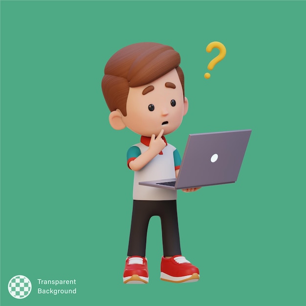 Personaje de niño lindo en 3D confundido en una computadora portátil
