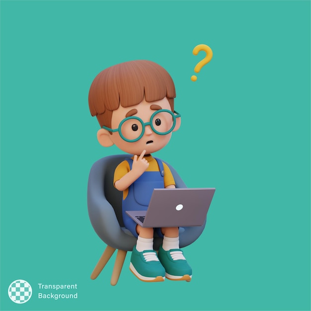 Personaje de niño lindo en 3D confundido en una computadora portátil