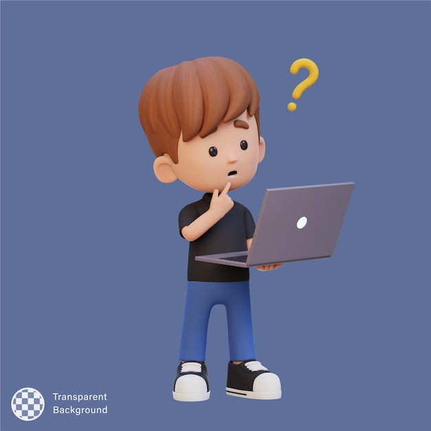 Personaje de niño lindo en 3D confundido en una computadora portátil