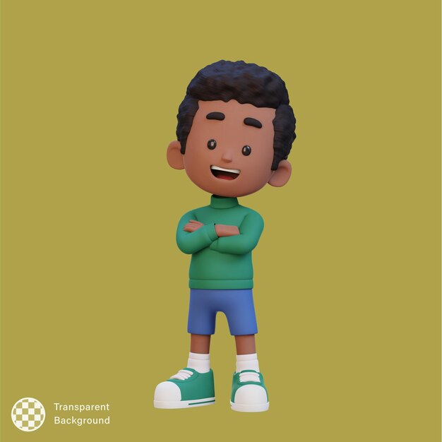 PSD personaje de niño lindo en 3d en postura confiada con la mano cruzada