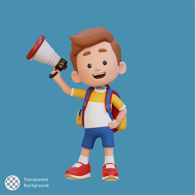 Personaje de niño lindo en 3D sosteniendo un megáfono