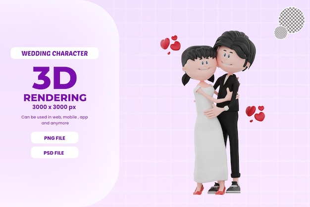 El personaje de la novia y el novio en 3d está abrazando a la ilustración psd premium
