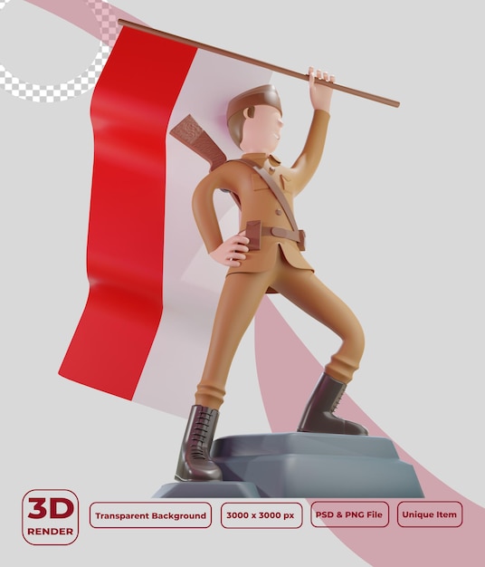 Personaje patriota 3d que enarbola la bandera en la parte superior