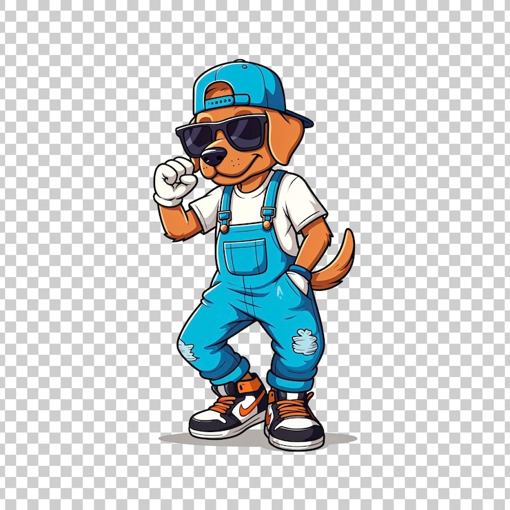 PSD personaje de perro con gafas de sol y gorra en una pose fresca en un fondo transparente