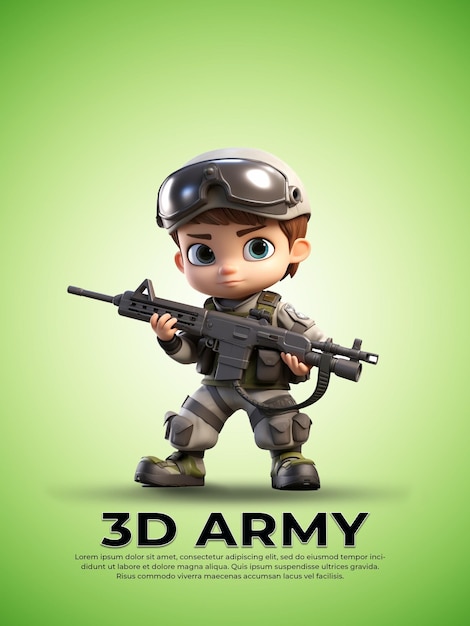 Personaje de pixar en 3D del ejército joven.