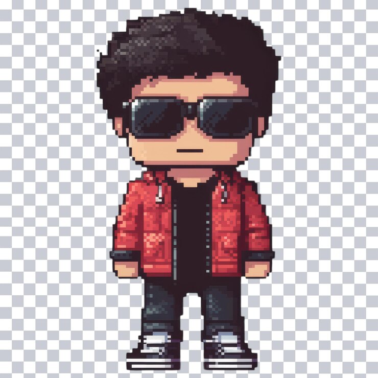 PSD personaje de pixel art boy con gafas de sol para videojuegos en fondo png transparente