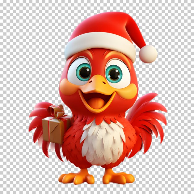 Personaje de pollo lindo con sombrero de santa con fondo transparente