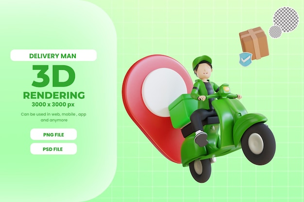 Personaje de repartidor 3d con caja y scooter premium psd