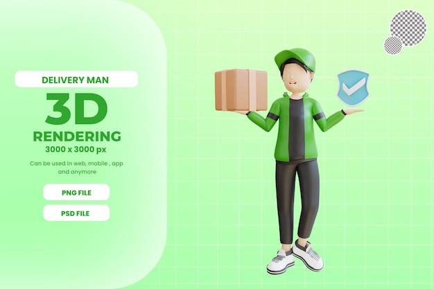 Personaje de repartidor 3d con caja y seguridad premium psd