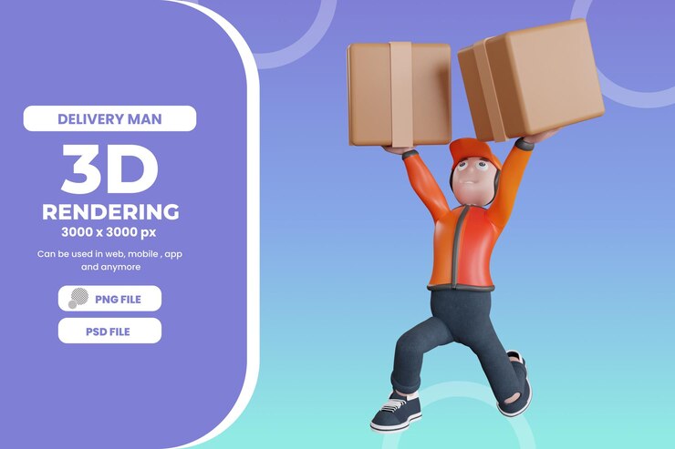 PSD personaje de repartidor 3d con ilustración de caja psd premium
