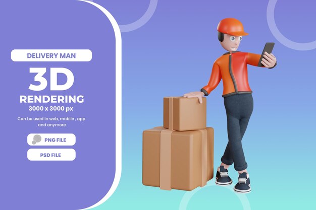 PSD personaje de repartidor 3d con ilustración de caja psd premium