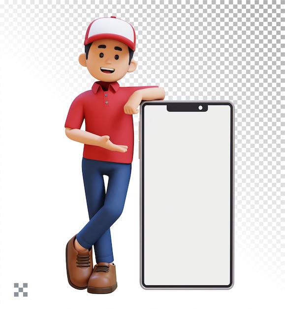 El personaje del repartidor en 3D se presenta y miente en una gran pantalla de teléfono vacía