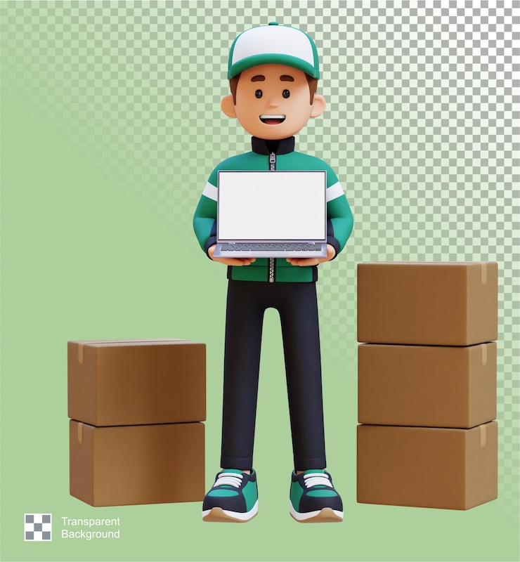 PSD el personaje del repartidor en 3d se presenta en una pantalla de portátil vacía con una caja de paquetes