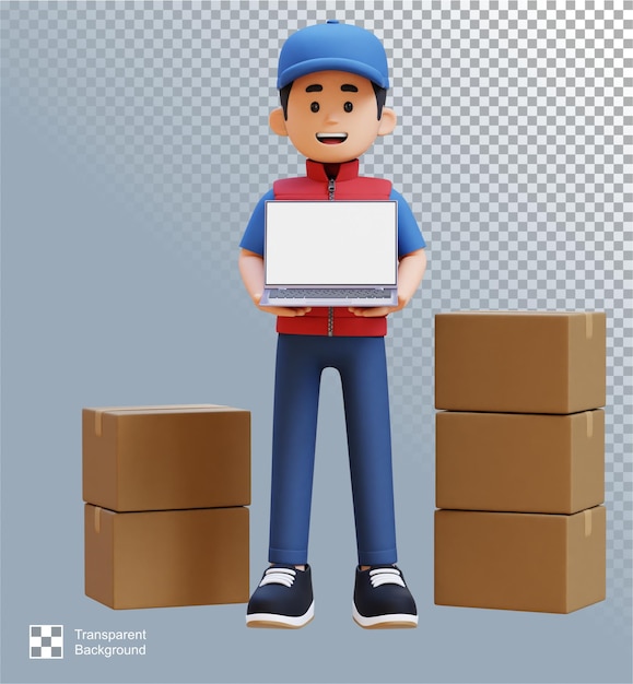 El personaje del repartidor en 3D se presenta en una pantalla de portátil vacía con una caja de paquetes
