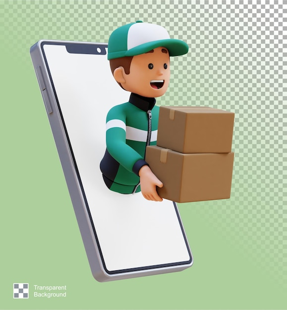 El personaje del repartidor 3D salta de la pantalla del teléfono con un megáfono sosteniendo una caja de paquetes