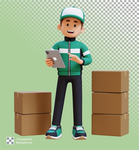 Personaje de repartidor 3D trabajando en tableta con caja de paquete