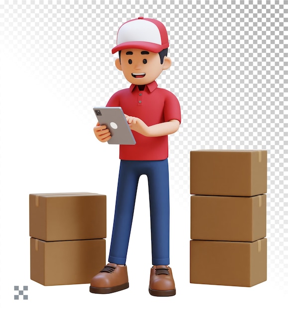 Personaje de repartidor 3D trabajando en tableta con caja de paquete