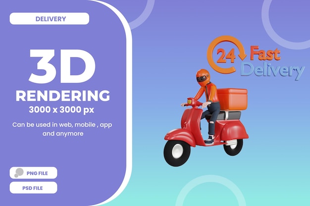 Personaje de repartidor de renderizado 3d con objeto de ilustración de entrega rápida de scooter psd premium