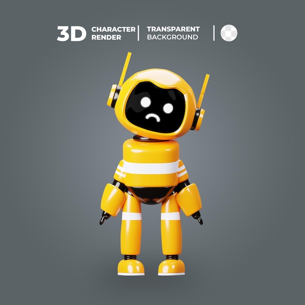 Personaje de robot de dibujos animados amarillo 3D con cara triste