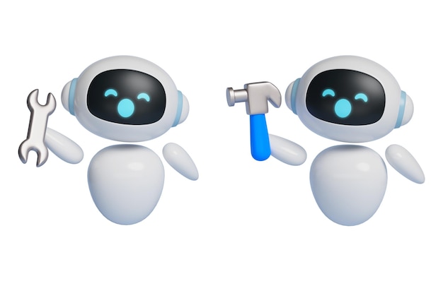 Personaje robot de IA con una llave y un martillo gráficos 3D