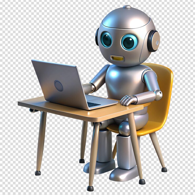 PSD el personaje robot lindo trabajando en una ilustración 3d aislada en una computadora portátil