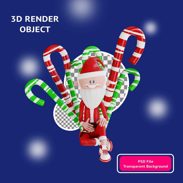 Personaje de santa claus 3d sentado frente al objeto de ilustración de caramelos prestados